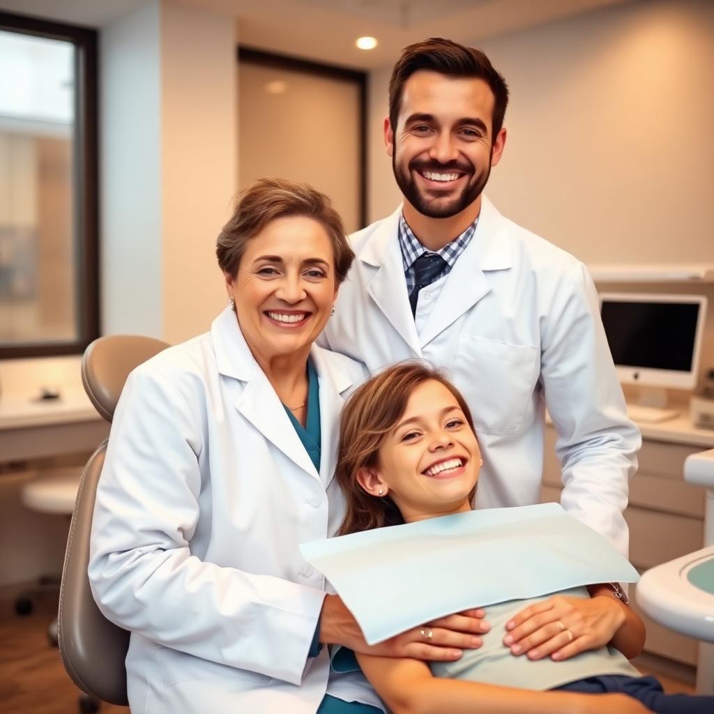 Friendly dentist and team with a smiling patient
